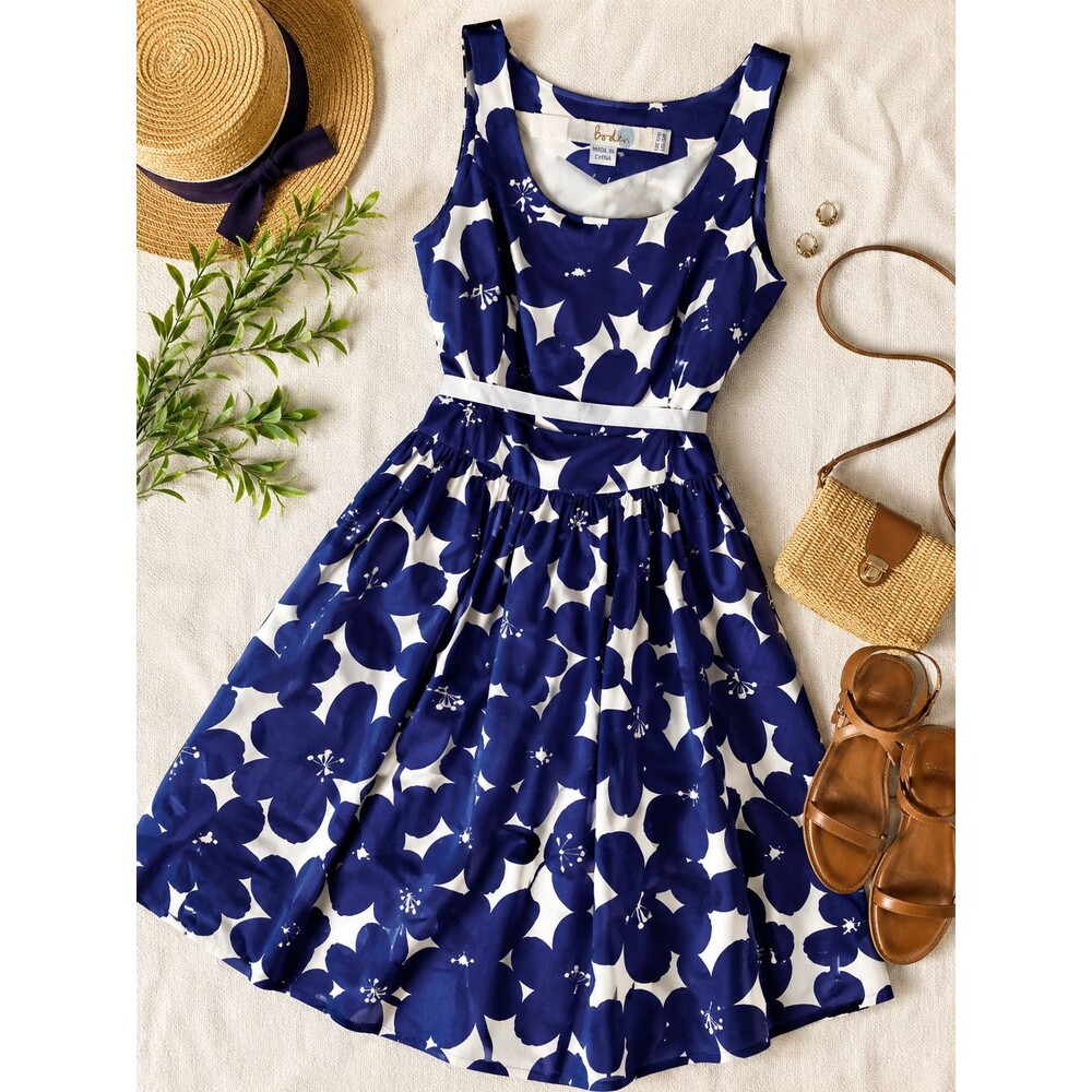 Boden Blue White Floral Cotton Fit Flare Sleeveless Dress US 8R UK 12R